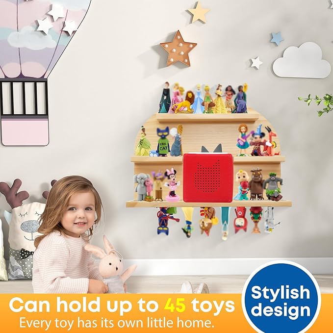 For Tonies Figures Shelf Magnetic,for Tonie box Wall Shelves,for Tonies Characters Organizer,Audio Toy Storage (Holds 45 Figurine),Compatible Charging Station for Kid's Room,Pine Wood,Arch,Large