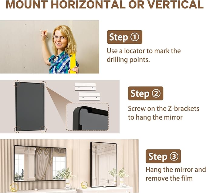 pertetey New Upgrade Bathroom Mirror, 48X32 Inch Black Metal Frame Wall Mounted Rounded Rectangle Bathroom Vanity Mirror with Tempered Glass for Washroom Bedroom Living Room