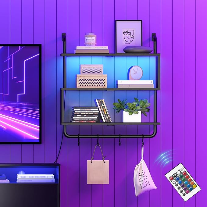 HOOBRO Floating Shelves with LED Lights, 29.5" LED Wall Mounted Gaming Shelf, 3-Tier Pipe Display Rack with Hanging Rod and 4 S-Hooks, for Storage Livingroom, Bedroom, Kitchen, Black BB21DBJ01