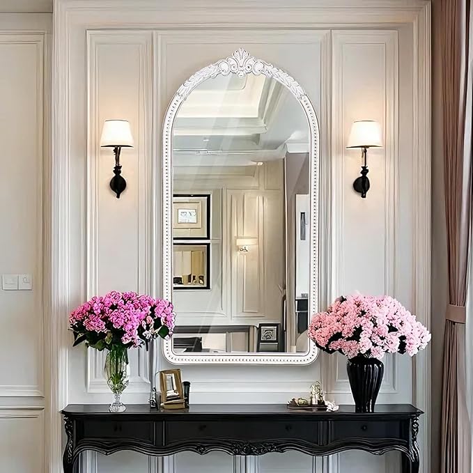 Farmhouse Full Length Mirror - 47x24 Inches Antique White Baroque Wooden Arched Wall Mirror, Vintage Ornate Beaded Decorative Mirror for Mantel, Living Room, Bedroom