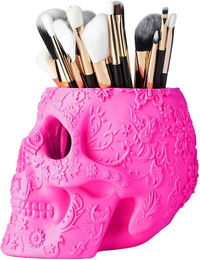 Skull Makeup Brush Holder, Pen Holder, Vanity, Desk, Office Organizer, Stationary, Decor Planter, Candy Bowl, Goth Decorations, Extra Large, Skulls Gothic Skull & Bones Organizer Bathroom (Pink)