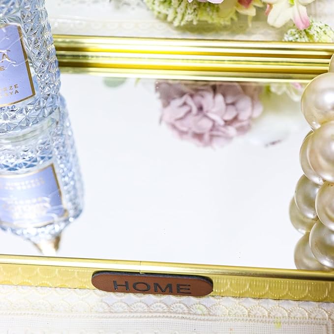 Gold Mirrored Vanity Tray, Small Oval Stainless Steel Perfume Organizer, Decorative Glass Mirror Tray for Jewelry, Makeup, Skincare, Bathroom Countertop & Nightstand Decor (11.8" x 3.9")
