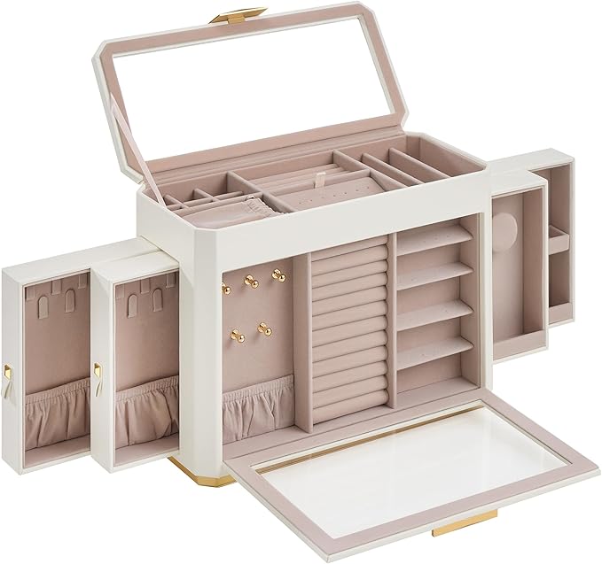 SONGMICS HOME Large Jewelry Box, Vertical Jewelry Organizer with Glass Windows, Jewelry Pouch, 4 Side Drawers, Woven Embossed PU Leather, Gift Idea, Cloud White UJBC203W01