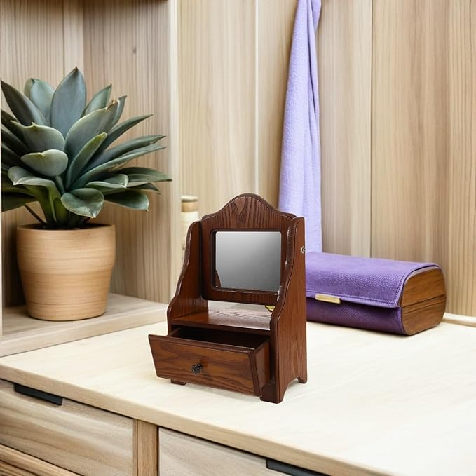Wooden Vanity Mirror with Drawer Vintage Square Makeup Mirror for Bedroom Dressing Table Desktop Cosmetic Organizer for Women Bathroom Storage