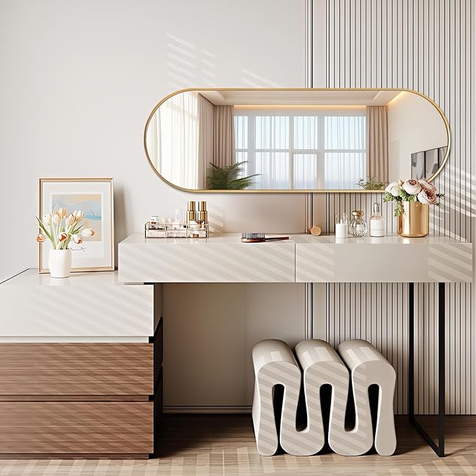 Niccy 48"×16" Oval Full Length Mirror, Long Oval Mirror with Unique Metal Frame Large Explosion-Proof Hanging Mirror for Living Room, Decorative Vanity Mirror for Bathroom, Bedroom, Gold