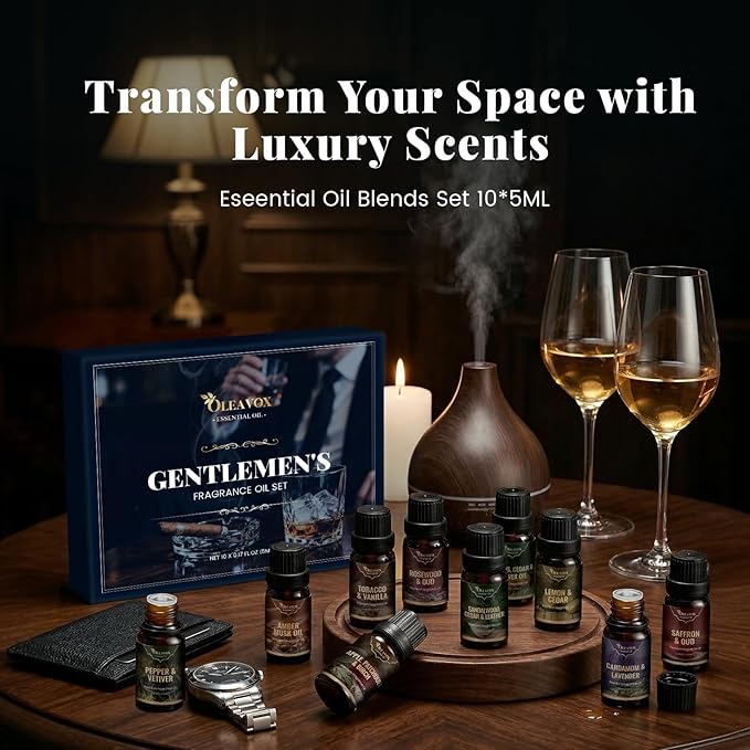 Men Essential Oils Set, Gift for Father, Masculine Fragrance Oils Blends for Diffuser, Candle & Soap Making, Car Diffuser Scents, Sandalwood Cedar&Leather, Tobacco&Vanilla More 10x5ml