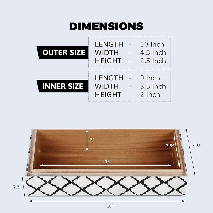 Handicrafts Home Decorative Storage Box with Lid, Moroccan Coffee Table Storage Box Organizer, Wooden Keepsake Jewelry Box, Decorative Desk Console Storage Box, Black & White, 10 x 4.5 x 2.5