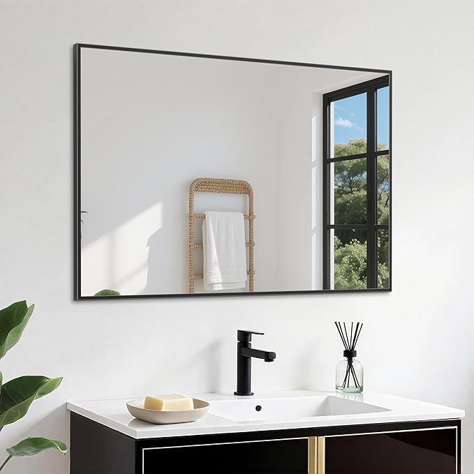 Antok 24x36 Black Metal Framed Bathroom Mirror, Wall Mirror with Rect Corners, Vanity Mirror for Over Sink, Anti-Rust Tempered Glass, Horizontal/Vertical Hanging for Bathroom, Living Room, Entryway
