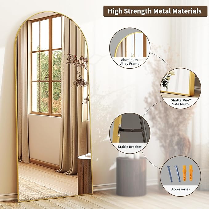 XRAMFY 56" x21 Arched Full Length Mirror Floor Mirrors with Aluminum Alloy Frame Free-Standing Wall Mounted Floor Mirrors or Large Dressing Mirror, Gold Mirror Full Length