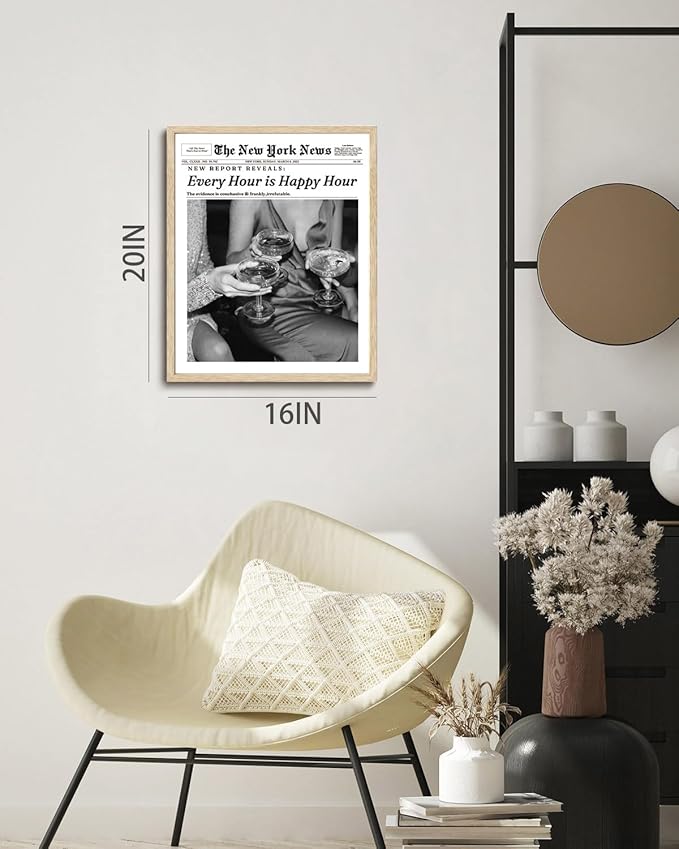 Bwodke OAK Wood Framed Wall Art Every Hour Is Happy Hour Canvas Art Vintage Newspaper Pictures Wall Decor News Prints Trendy Artwork for Girly Dorm Bedroom 16"x20"