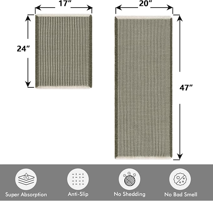 MIULEE Set of 2 Waffle Bathroom Rugs, Boho Bath Rugs Non Slip Washable, Super Absorbent Bath Mats, Ultra Soft Rubber Backed Shower Mats for Bathroom Floor, Tub, Green & Cream, 17"x24"+20"x47"