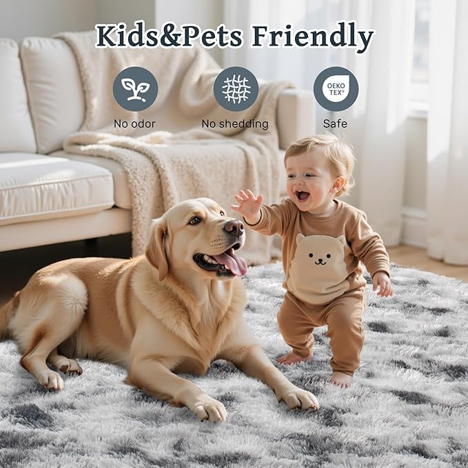 8x10 ft Fuzzy Rugs for Living Room,Black and White Bedroom Area Rug Non-Slip,Carpet for Nursery Kids PlayRoom Indoor Modern Plush Carpets