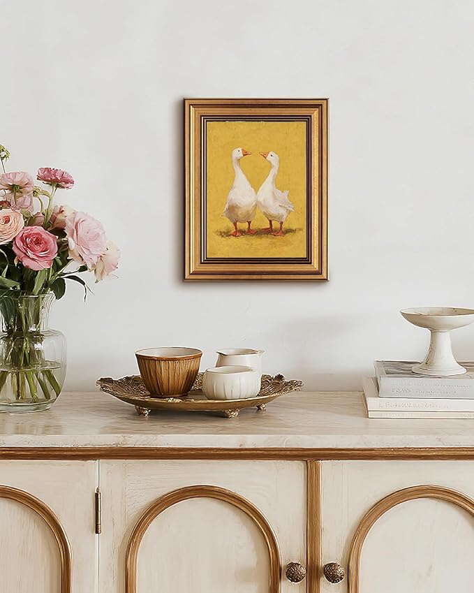 Bzstyleart Vintage Wall Art Decorfor LIving Room, Canvas Framed Wall Art Decor Kitchen Farmhouse, Animal Painting Picture, Valentines Home Decor Aesthetic for Friend or Family, Two Goose, 8 x 10 Inch
