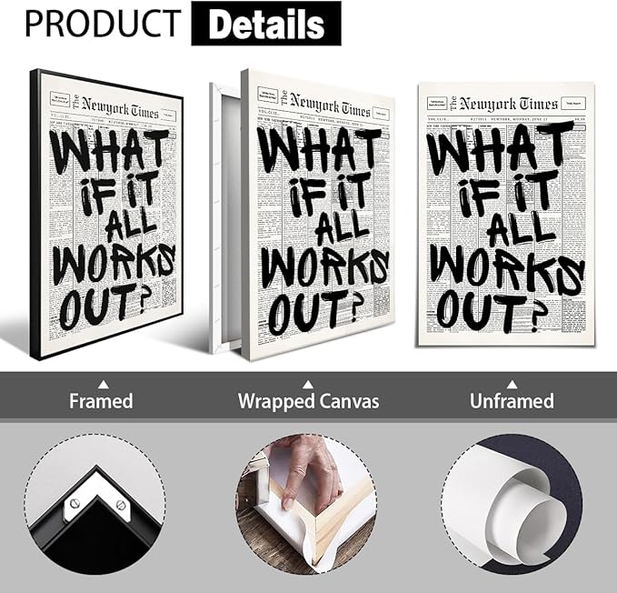 What If It All Works Out Canvas Wall Art, Black and White Newspaper Aesthetic Poster, Positive Affirmations Wall Decor, Daily Inspirational Quote Typography Print for Bedroom 12x16in Wrapped Canvas