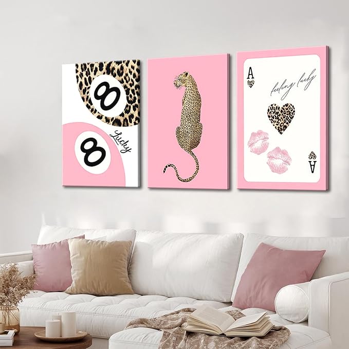 Set of 3 Trendy Pink Leopard Canvas Wall Art Cheetah Lucky 8 Ball Posters Prints Preppy Cheetah Aesthetic Wall Decor Pictures for Girly Bedroom Apartment Dorm Decoration 16x24in