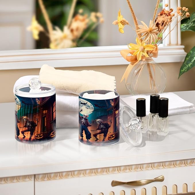 Nander 4Pack Halloween Fun Skeleton Qtip Holder Dispenser -Clear Plastic Apothecary Jars Set - Restroom Bathroom Makeup Organizers Containers for Cotton Swab, Ball, Pads, Floss