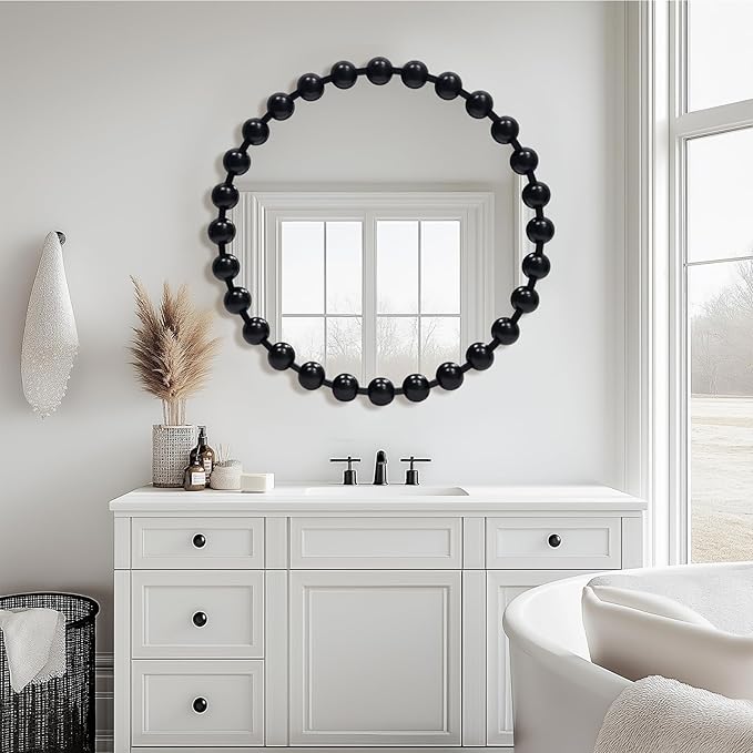 Round Black Mirror 24'', Spherical Frame Round Beaded Mirror for Wall Decor Large Circle Mirror for Bathroom, Dining Roon, Bed Room, Entryway