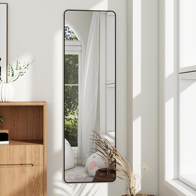 Full Length Door Mirror 14x48, Metal Frame with Protective Film, No-Drilling Hanging or Wall Mount (Horizontal/Vertical), Hooks & Hardware Included, Full Body Mirror for Bedroom, Dorm, Black