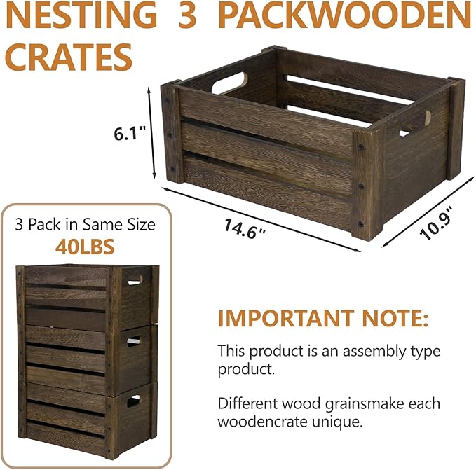 Wooden Crates for Display, 3 Pack Large Rustic Handmade Wood Crate for Storage, Wooden Basket with Handles, Nesting Crates Boxes for Container and Decor Living Room Outdoor Christmas (Large)