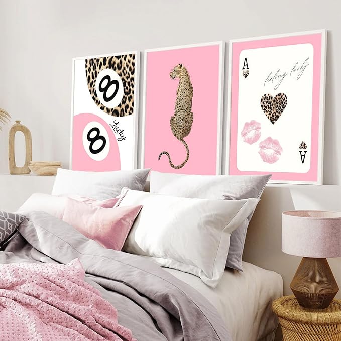Set of 3 Trendy Pink Leopard Wall Art Cheetah Lucky 8 Ball Posters Prints Preppy Cheetah Aesthetic Wall Decor Pictures for Girly Bedroom Apartment Dorm Decoration Unframed 12x16in