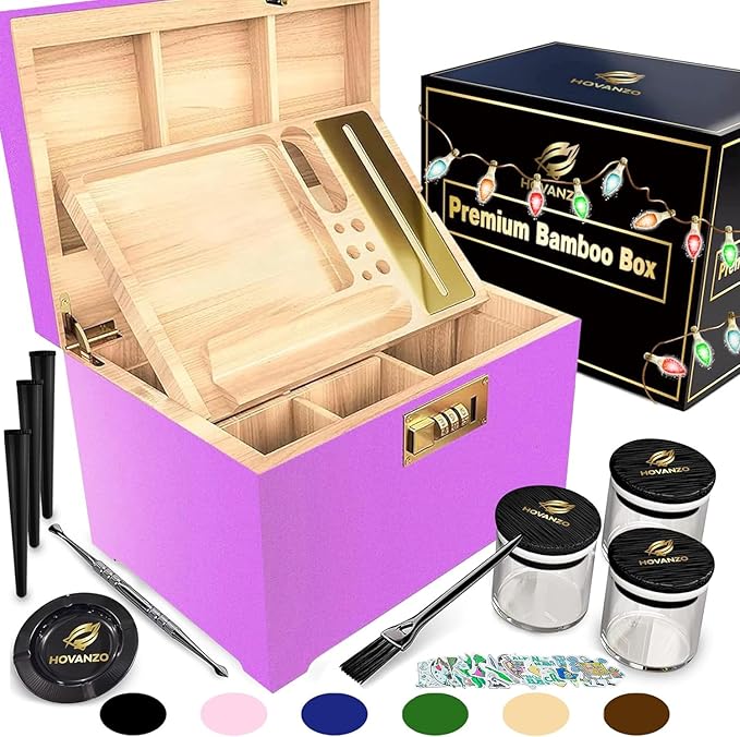HOVANZO Premium Large Bamboo Storage Box with Removable Tray - Storage Wood Box for Herbs and Accessories - Storage Box Set with Combination Lock - Smell Proof Container with Accessories
