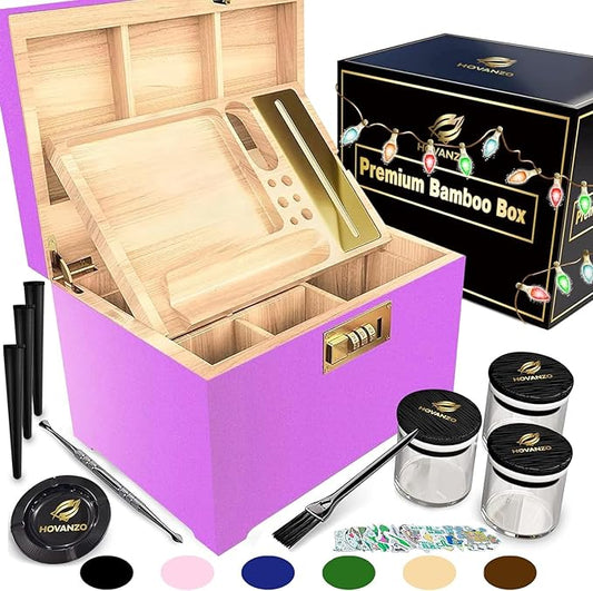 HOVANZO Premium Large Bamboo Storage Box with Removable Tray - Storage Wood Box for Herbs and Accessories - Storage Box Set with Combination Lock - Smell Proof Container with Accessories