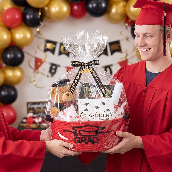 Colingmill 2026 Graduations Gift Basket Empty to Fill, Woven Rope Basket 15" x 11" x 6" Decorative Storage Baskets with Gift Bag, Bow, Tissue Paper & Year Charm(Red,Black,Graduation)