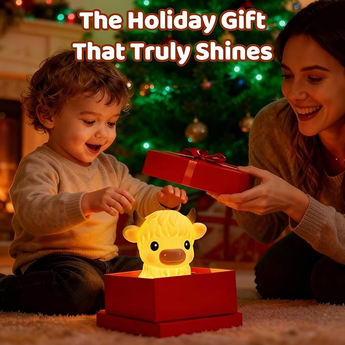 BPA-Free Silicone丨Huggwaii Highland Cow Night Light for Kids, Dimmable Squishy Night Light Touch Cow Lamp, Highland Cow Gifts for Nursery, 30 Auto-Off Timer, Cute Room Decor for Boys Girls Women
