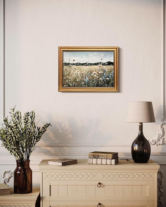 Bzstyleart Vintage Wall Art Decor for Living Room, Framed Landscape Wall Art Bedroom, Meadow with Flowers, Vintage Room Decor, Paintings for Bedroom, 12 x 16 Inch