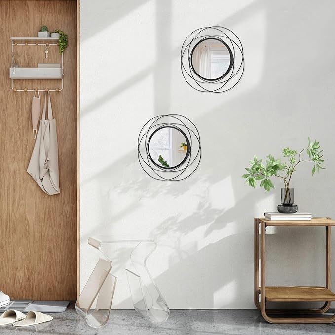 2 Set 12'' Black Circle Mirrors Wall Decor Iron Frame Wall Art Round Mirror Home Decor Hanging for Living Room Bedroom Bathroom Entryway