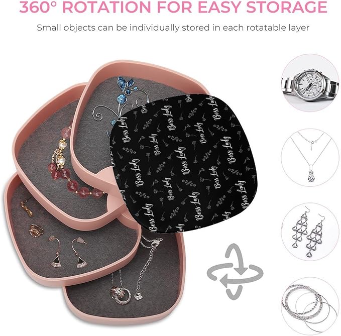 4-Layer Rotating Travel Jewelry Tray Holder Small Jewelry Storage Box Earring Organizer Box with Mirror (Rose Boss Lady White Black)