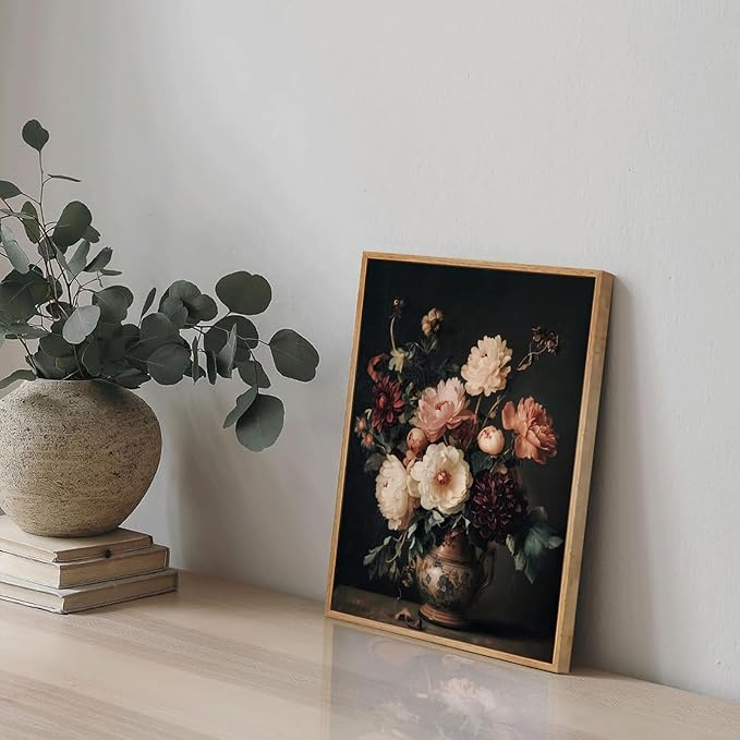Framed Vintage Dark Floral Wall Art Moody Flower Picture Wall Decor Retro Antique Still Life Painting Print Artwork for Bedroom Bathroom Home Decoration 12x16in
