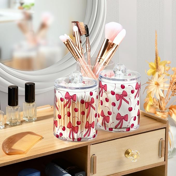 ALAZA 4 Pack Qtip Holder Dispenser Pink Cherry Bow Cotton Ball Cotton Swab Round Pads Floss Clear Bathroom Storage Containers Plastic Apothecary Jars with Lids