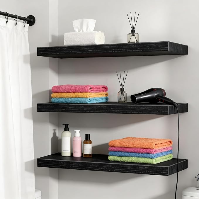 Vervida® Black Floating Shelves, 47.2 in W x 9.3 in D Wall Mounted Wood Shelves with Invisible Brackets Set of 3, Hanging Wall Shelves Decoration for Bedroom, Bathroom, Living Room and Kitchen