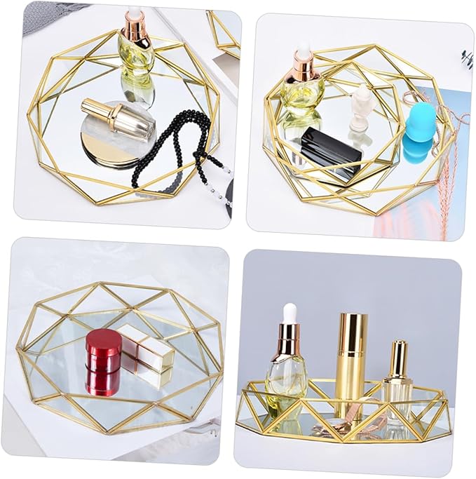 PRETYZOOM Geometric Mirror Glass Tray for Jewelry Storage Decorative Makeup Organizer Perfume Tray
