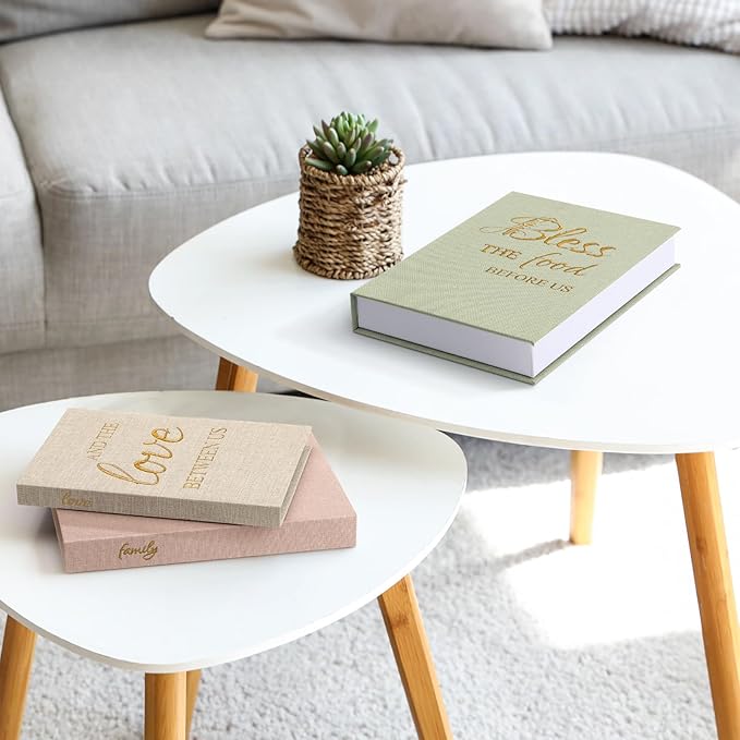 Weysat Set of 3 Linen Covered Decor Books Decorative Books for Home Decor Bless Family Love Stacked Aesthetic Fake Storage Boxes for Coffee Table, Shelf, Console Table, Fireplace Mantel