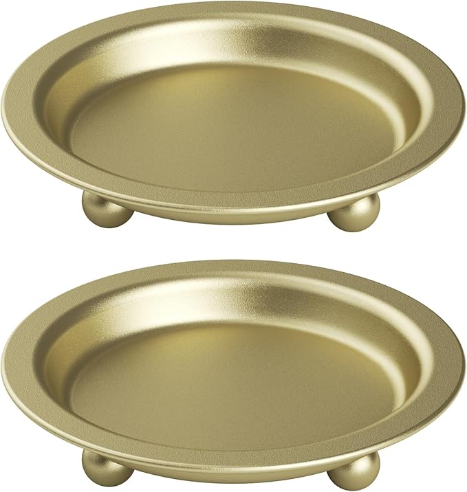 Gold Candle Holders, 2 Packs Golden Candles Sticks Holder Decor, 4.13'' Candle Tray Iron Plate for Tealight, Pillar Ball Scented Candles, Candle Stand for Incense Cones, Spa, Wedding