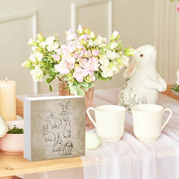 Vintage Easter Decor, Rabbit Wooden Box Sign, Rustic Easter Tiered Tray Decorations, Farmhouse Bunny Rabbit Decorative Table Centerpiece Sign for Party Home Kitchen Dining Decor 5x5