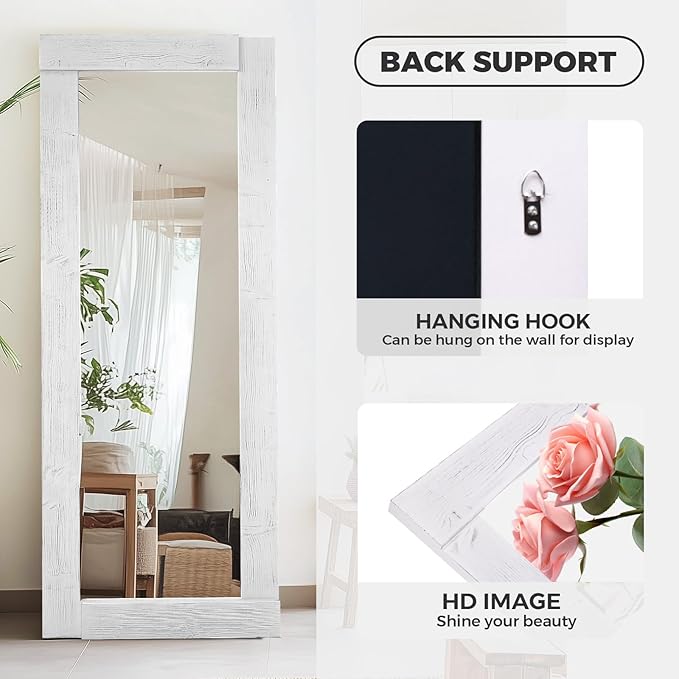 Full Length Mirror 65"x24" – Solid Wood Frame, HD Tempered Glass, Wall Mounted & Leaning, Rustic Modern Decor for Bedroom, Living Room, Entryway, White