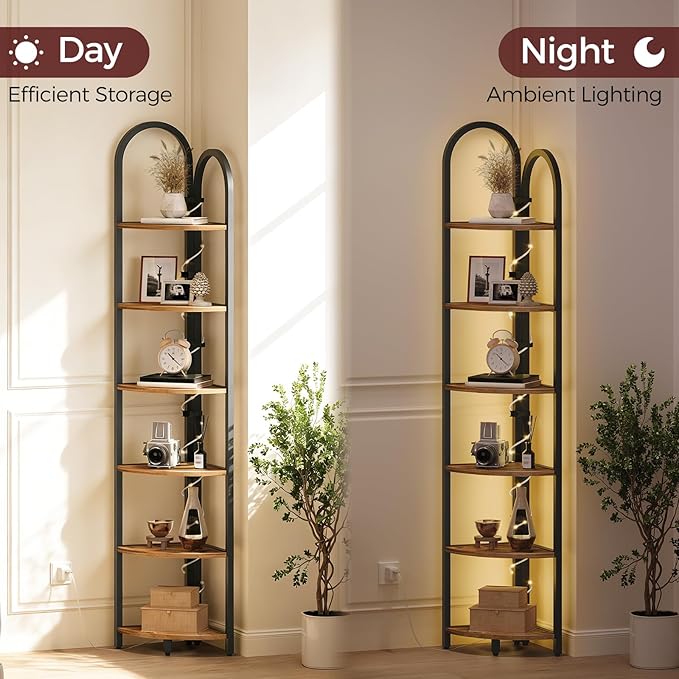 MAHANCRIS 6 Tier Corner Shelf with LED Light, 74.6'' Tall Corner Bookshelf Stand, Narrow Display Bookcase with Storage Rack for Wall Corner, Living Room, Bedroom, Small Spaces, Rustic Brown CSHR66101