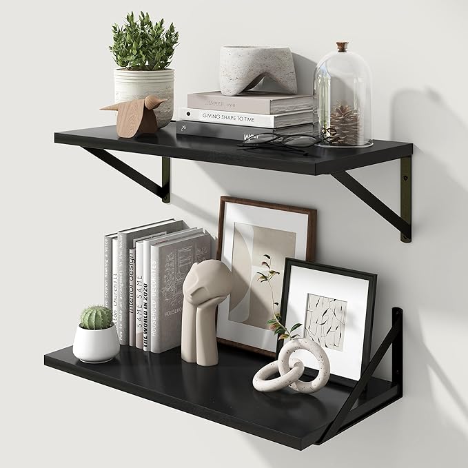 Marsmiles 12 Inch Deep Floating Shelves | 24 Inch Black Wall Shelves Set of 2 | Rustic Wood Wood Floating Shelves for Living Room Bedroom Bathroom