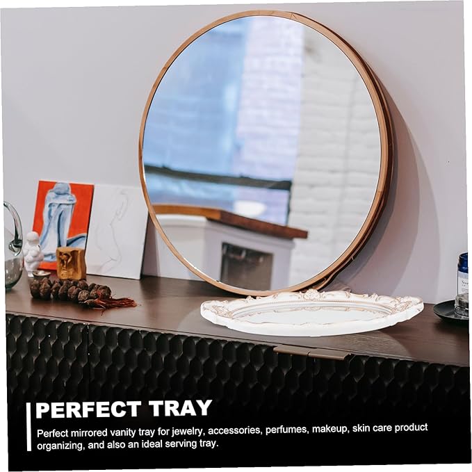 BESPORTBLE Oval Vintage Decorative Mirror Tray with Handles French Style Makeup Organizer and Jewelry Dresser Serving Tray Elegant Ellipse Shape for Vanity Display and Dessert Presentation