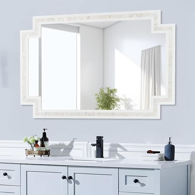 Tanmicoshomy 24 x 36 Inch Rectangle Bathroom Mirrors for Wall, White Shell Framed Decorative Mosaic Mirror for Bedroom, Living Room or Entryway, Wall Mounted Horizontal or Vertical