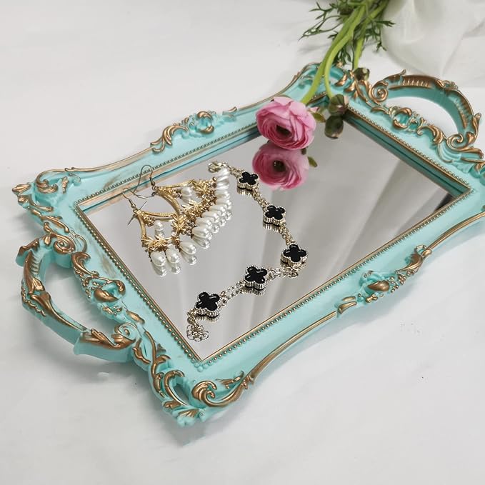 Small Rectangle Decorative Mirror Tray, French Style, Makeup Organizer, Jewelry Organizer, Serving Tray, 13"x 7.8", Golden Blue