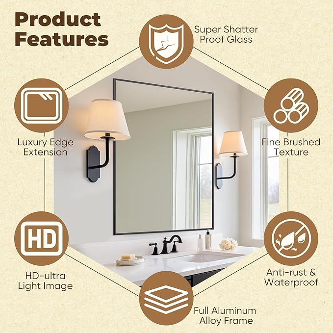 Antok 24x32 Black Metal Framed Bathroom Mirror, Wall Mirror with Rect Corners, Vanity Mirror for Over Sink, Anti-Rust Tempered Glass, Horizontal/Vertical Hanging for Bathroom, Living Room, Entryway