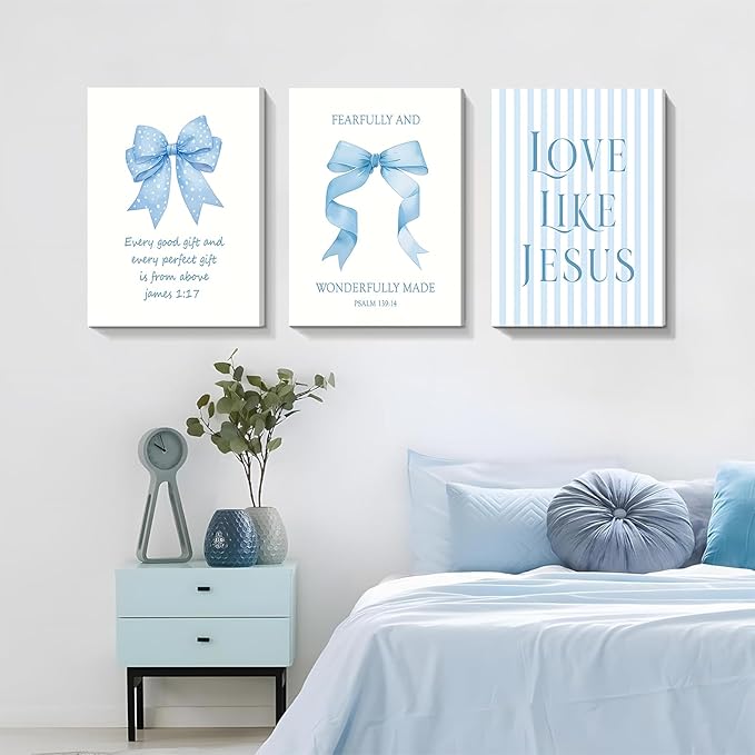 Dytila 3 Piece Blue Bows Wall Art for Girls Room, Bible Verse Pictures Bathroom Decor, Coquette Wall Artwork, Cute Teen Bedroom Decoration, Dorm Decor for College, College Gifts for Girls 16x24 Inch