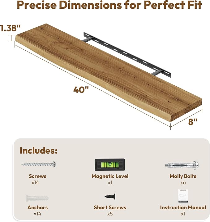 Vivelove Live Edge Floating Shelves for Wall Solid Elm Wood, Rustic Farmhouse Wall Shelf with Invisible Bracket for Living Room Bedroom Bathroom Office Book, 40 Inches - Set of 2 - Natural