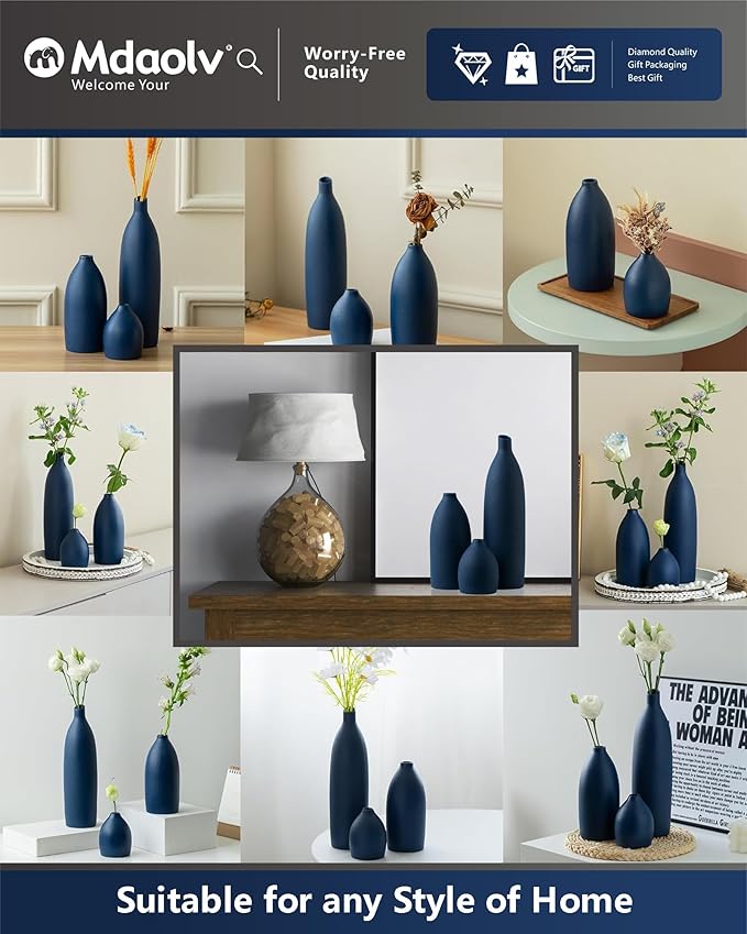 Mdaolv Matte Blue Vase Set Navy Blue Decor Coastal Decor Vases for Kitchen Island Living Room Office Table Fireplace Mantle Decorations & Bathroom Shelf Decor Centerpiece Table Decorations Ceramic