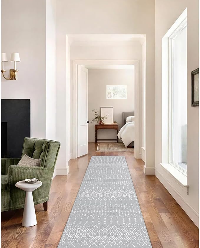 Lahome Moroccan Runner Rugs for Hallway 2x8 Throw Ultra-Thin Kitchen Rugs Runner Non Skid Washable Non-Slip Entryway Carpet Grey Distressed Print Mat for Bathroom Bedroom Laundry Room Hana