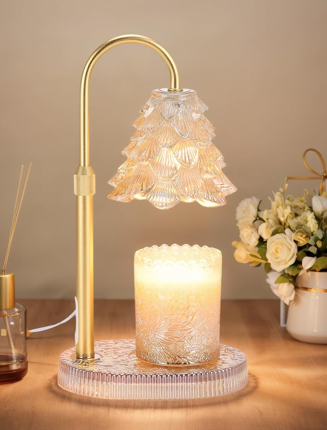 Candle Warmer Lamp with Timer & Dimmer, Crown Glass Lamp Candle Warmer for Jar Candles, 2 Bulbs, Height Adjustable Electric Wax Warmer for Elegant Home Decor (Golden Glow Tree)